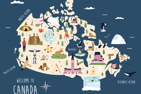 Vector illustrated map of Canada with symbols