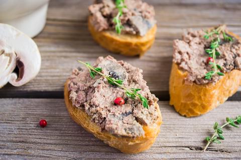 duck pate, spread on baguette slices 